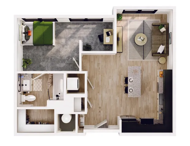 Modern 2D floor plan with a luxurious bedroom, open-concept living area, and sleek kitchen with an island, creating a cozy yet stylish environment.