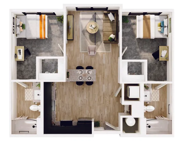 Modern 3D floor plan with two cozy bedrooms, stylish open-concept living room, and a chic dining area adjacent to a functional kitchen layout.