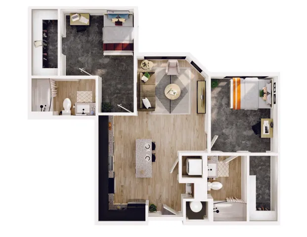 Modern 2D floor plan showcasing two cozy bedrooms, a sleek open-concept kitchen, and a stylish living area, perfect for comfortable living.