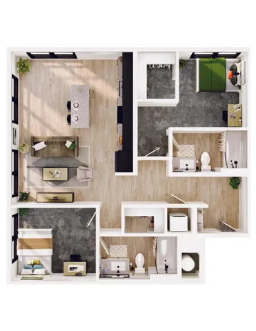 Modern 2D floor plan showcasing 2 bedrooms, open-concept kitchen and living area, and 2 luxurious baths with stylish decor.