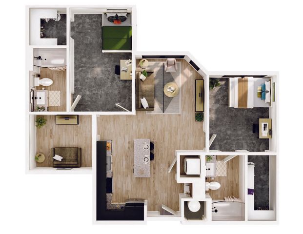 Chic 2D floor plan showcasing 2 bedrooms, an inviting open-concept living-dining area, modern kitchen with island, and 2 stylish bathrooms. Ideal for contemporary living.