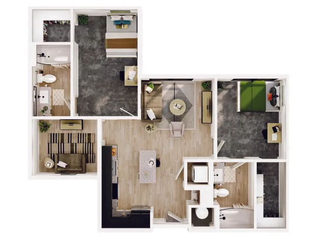 Modern floor plan featuring three bedrooms, open living area, spacious kitchen island, and stylish bathrooms.