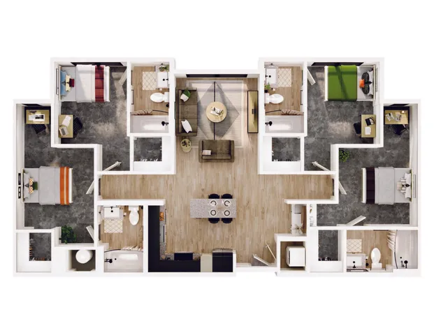 Modern floor plan showcasing a spacious apartment with three bedrooms, a central open living area, and two stylish bathrooms.