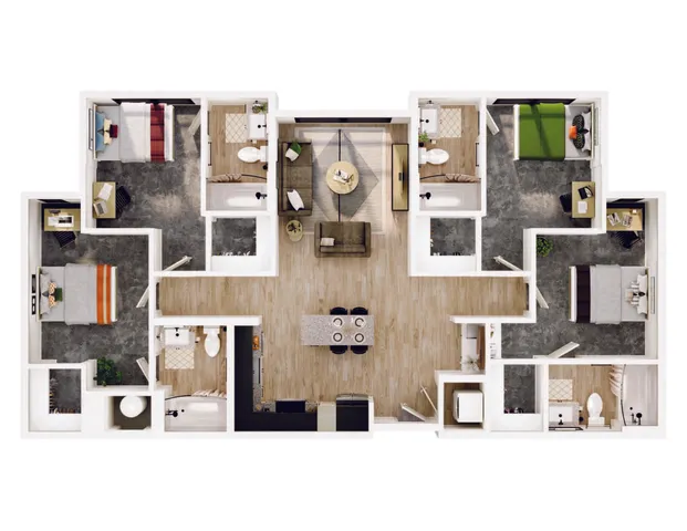 Elegant floor plan showcasing a spacious living area with modern kitchen, three bright bedrooms, and stylish bathrooms.