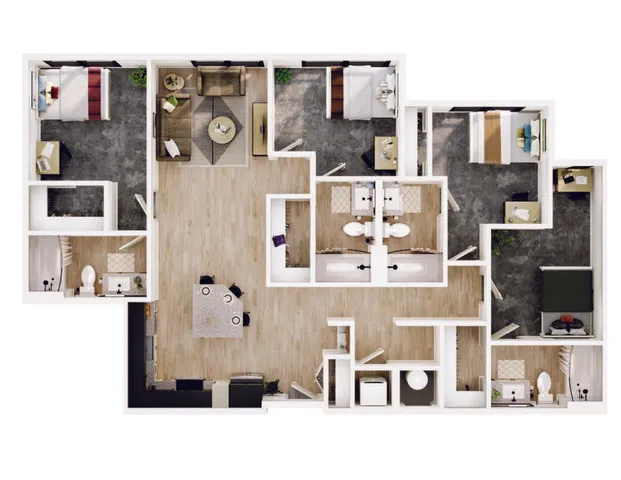 Elegant 3D floor plan showcasing three spacious bedrooms, a modern open-concept living area, and a sleek kitchen.