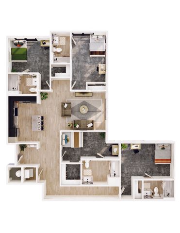 Modern and spacious 3-bedroom floor plan featuring an open-concept living area, sleek kitchen, and multiple bathrooms, perfect for contemporary living.