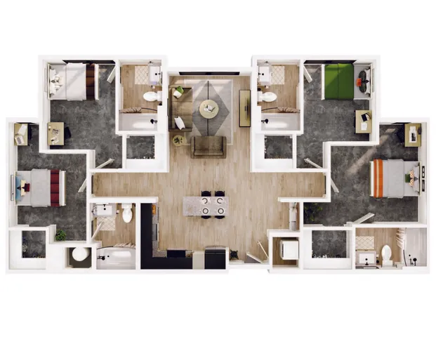 Contemporary 3-bedroom floor plan with two bathrooms, open living space, and modern kitchen design.