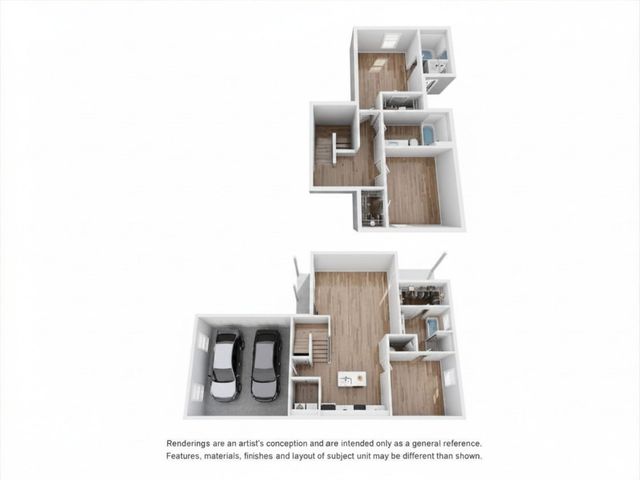 Contemporary multi-level apartment floor plan featuring a two-car garage, open-concept living area, spacious kitchen, multiple bedrooms, and modern bathrooms.