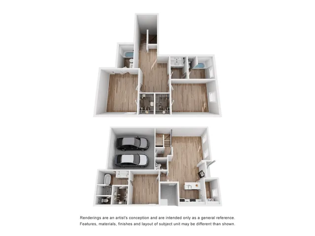 Modern 3D floor plan showcasing a spacious two-level layout with three bedrooms, dual car garage, and open-plan living area.