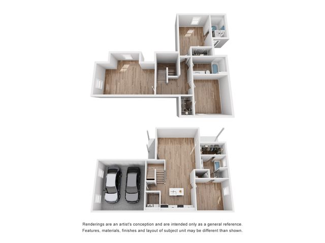 Modern 3D floor plan featuring two spacious levels, including three bedrooms, two bathrooms, and an open-concept living area with a double garage.