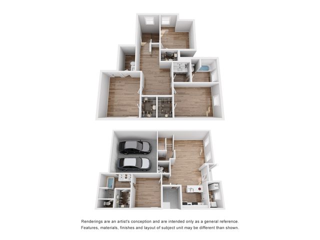 Modern two-level floor plan showcasing 3 bedrooms, spacious living area, stylish kitchen, and dual garage.