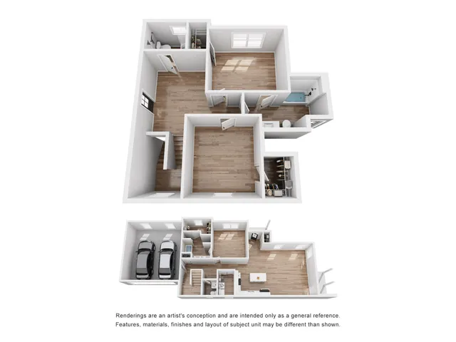 Modern 3D floor plan showcasing 3 bedrooms, a sleek kitchen, and a cozy living space with a two-car garage.