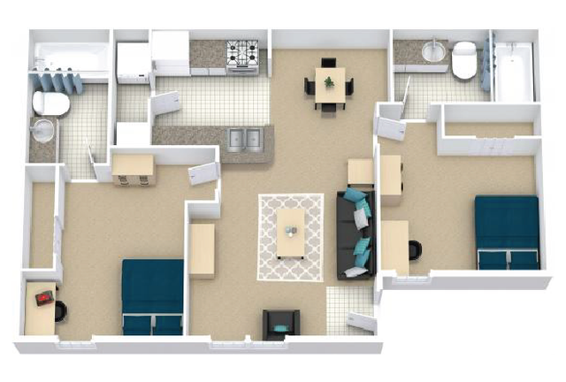 Elegant 3D floor plan showcasing 2 spacious bedrooms, a modern kitchen, cozy living room, and stylish dining area with contemporary furnishings.