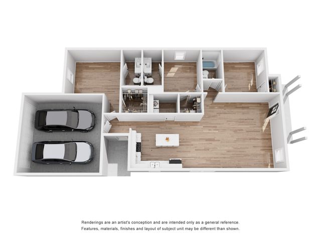 Chic 3D floor plan showcasing a spacious home with two-car garage, three cozy bedrooms, and elegant wooden floors.