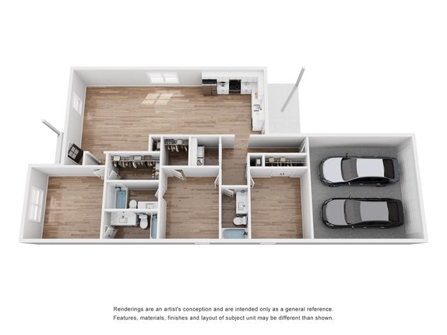 Modern 3D floor plan showcasing three bedrooms, two bathrooms, a spacious living room, and a sleek kitchen with adjacent laundry area. Features a double garage and elegant wood flooring.