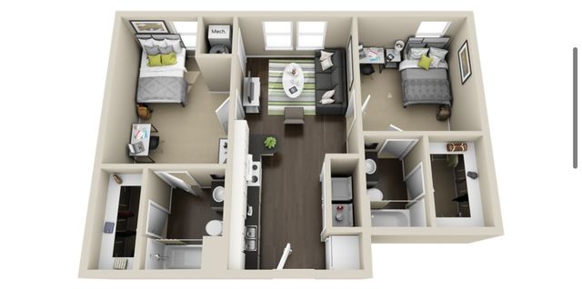 Modern 3D floor plan showcasing two cozy bedrooms, an inviting living area, and a sleek kitchen, designed for comfort and functionality.