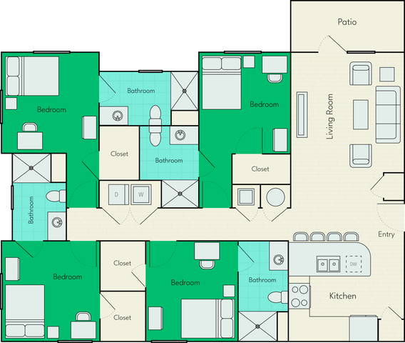 Inviting floor plan featuring 4 spacious bedrooms, modern kitchen with island, expansive living room, and a cozy patio.