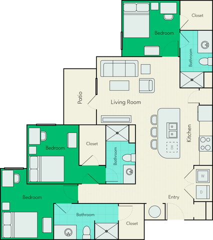 Modern floor plan showcasing 3 spacious bedrooms, 2 bathrooms, an inviting living room, and a sleek kitchen with patio access.