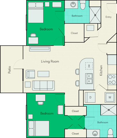 Inviting floor plan showcasing two bedrooms, open living room with patio access, modern kitchen, and two bathrooms with ample closet space.