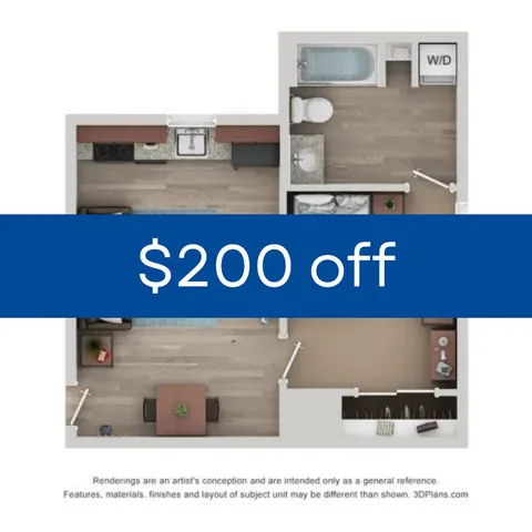 Modern 2D apartment floor plan featuring a cozy living space with 1 bedroom, well-equipped kitchen, and stylish bathroom, plus $200 off offer.