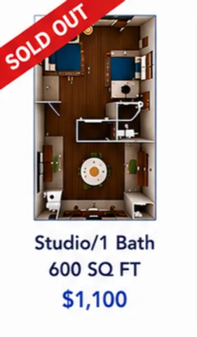 Chic studio apartment floor plan with one bath, featuring open living space and compact design, 600 sq ft, priced at $1,100.