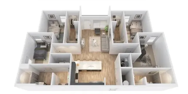 Bright and modern 3-bedroom apartment layout with open kitchen, inviting living area, and chic bathrooms, ideal for comfortable living.