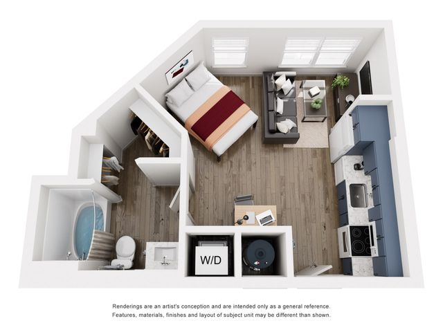 Modern studio apartment 3D floor plan showcasing an open living area, sleek kitchen, cozy bedroom space, and stylish bathroom.