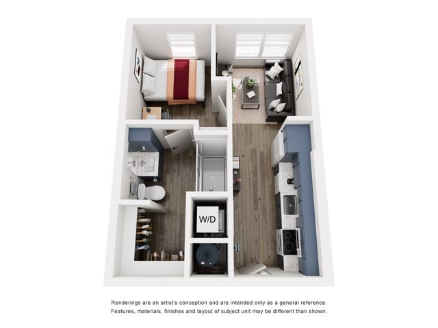 Modern 3D floor plan showcasing a cozy bedroom, stylish living room, contemporary kitchen, and convenient bathroom with in-unit washer and dryer.
