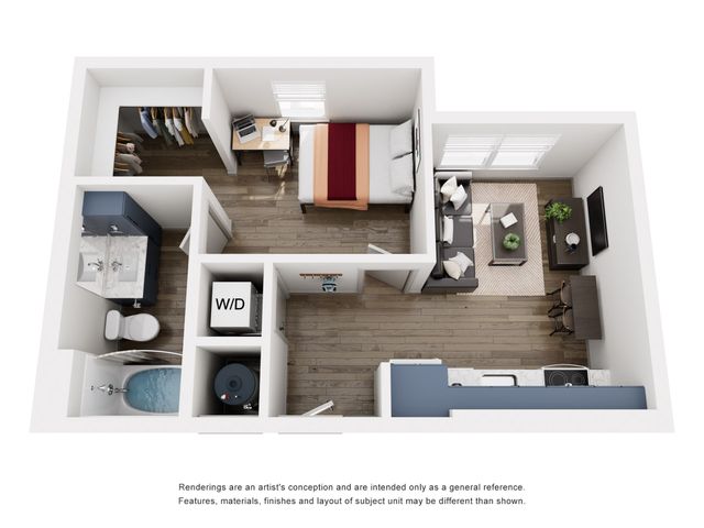 Modern 3D apartment floor plan showcasing a cozy bedroom, stylish living room, efficient kitchen, and sleek bathroom, all with contemporary furnishings and ample natural light.