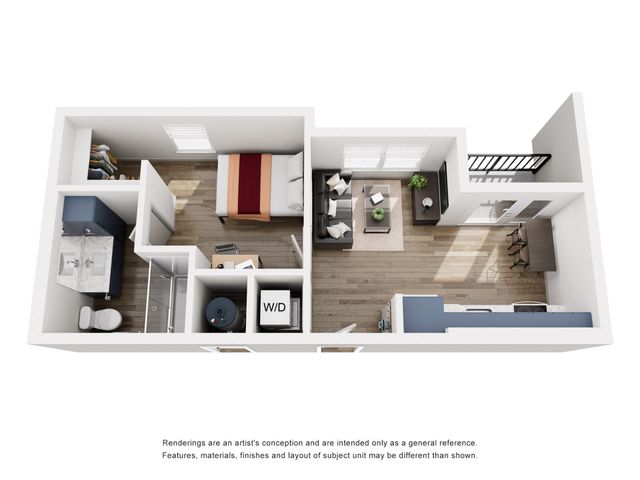 Modern 3D floor plan showcasing a cozy one-bedroom apartment with open-concept living and dining area, stylish kitchen, and elegant bathroom with washer/dryer unit.