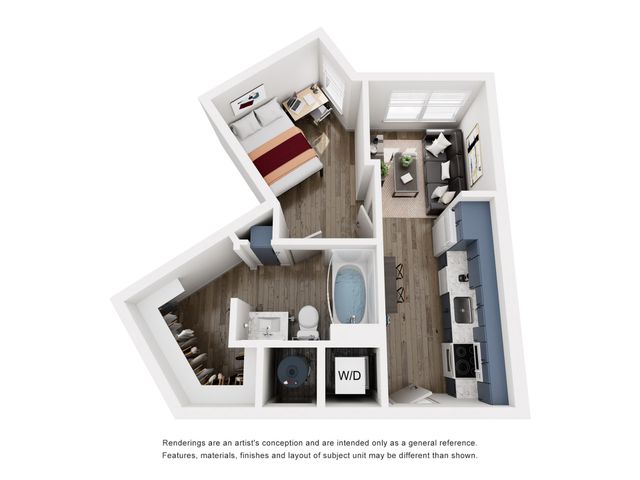 Modern 3D floor plan showcasing a cozy 1-bedroom apartment with a stylish living area, contemporary kitchen, and sleek bathroom.