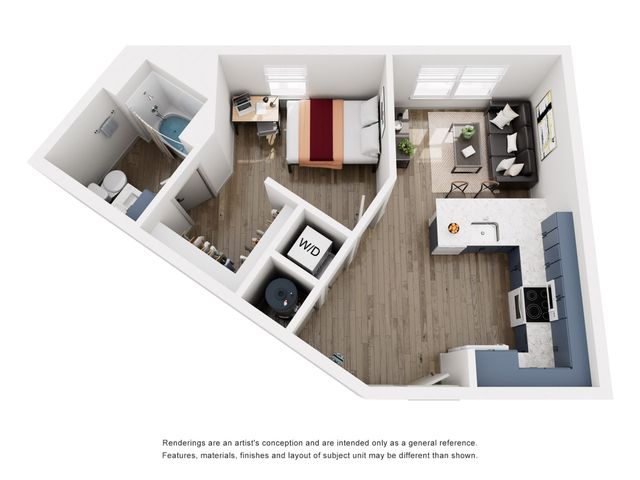 Chic 3D floor plan featuring a cozy bedroom, modern kitchen, and inviting living space with a work desk.