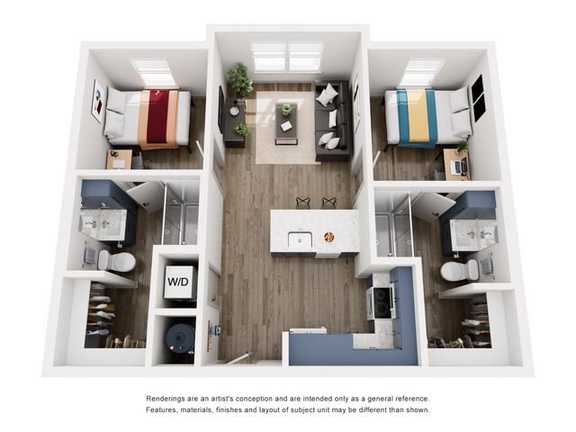 Modern 3D floor plan showcasing a 2-bedroom apartment with two bathrooms, an open-concept living area, and a stylish kitchen island.
