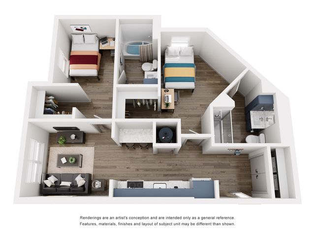 Modern apartment floor plan showcasing 2 bedrooms, a stylish open living area, and a sleek kitchen with contemporary design.