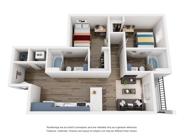 Modern 3D floor plan highlighting a stylish apartment with 2 bedrooms, 2 bathrooms, open-concept kitchen, and cozy living room.