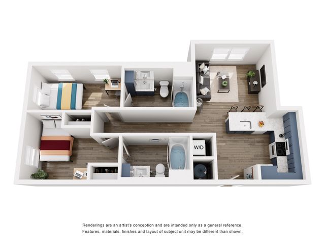 Contemporary 3D floor plan featuring 2 bedrooms, 2 elegant bathrooms, and an open living area with a modern kitchen and dining space.