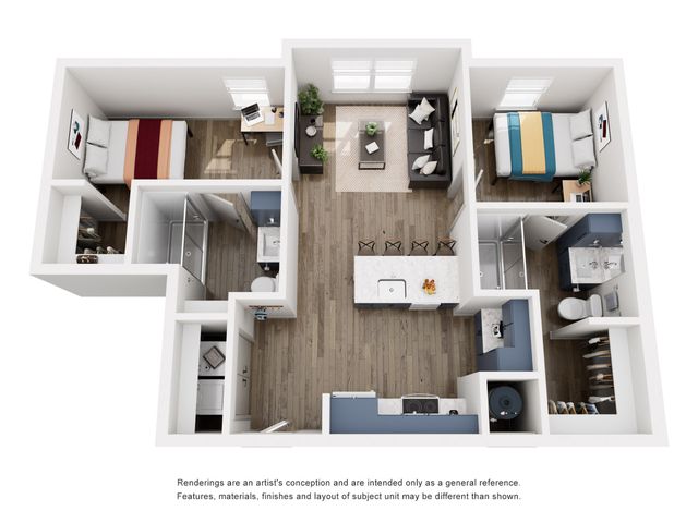 Modern 3D floor plan showcasing 2 cozy bedrooms, a sleek kitchen with island, and an inviting living area with abundant natural light.