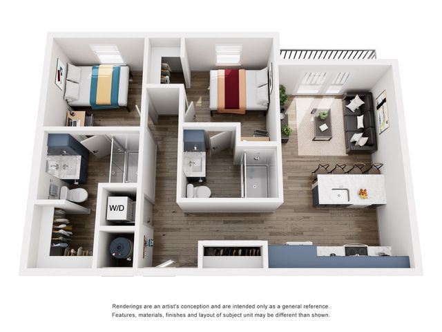 Modern 3D apartment floor plan featuring two bedrooms, two bathrooms, an open kitchen with a breakfast bar, and a stylish living room with balcony access.