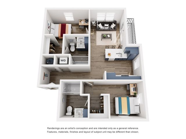 Modern 3D floor plan showcasing 2 bedrooms, stylish open kitchen, and cozy living area with balcony access.