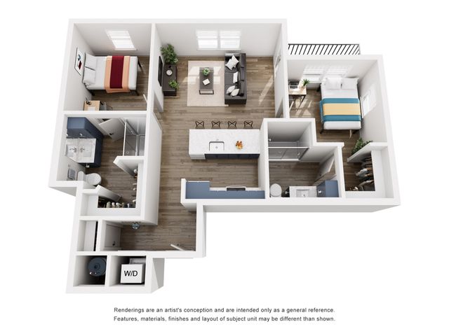 Modern 3D floor plan showcasing a stylish 2-bedroom apartment with open kitchen, cozy living room, and two elegant bathrooms.