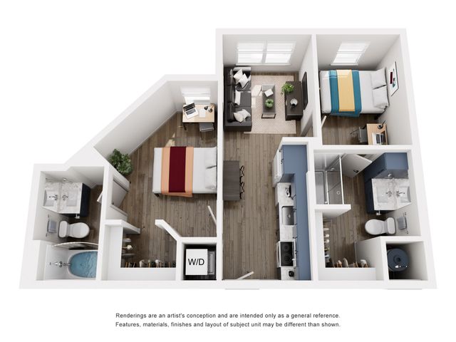 Contemporary 3D floor plan showcasing two spacious bedrooms, elegant living room, modern kitchen, and dual bathrooms, featuring stylish flooring and abundant natural light.