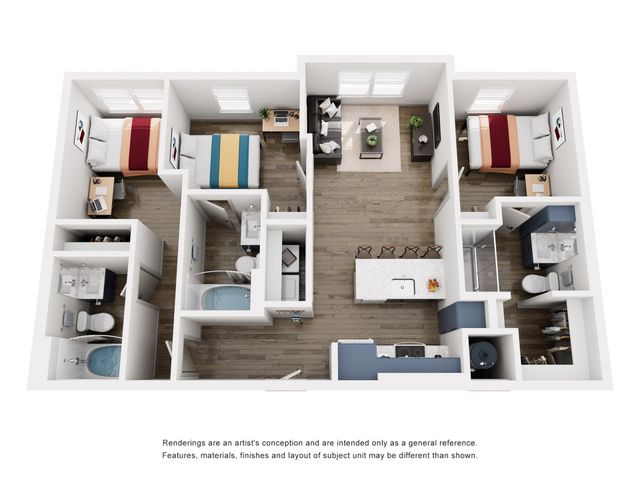 Modern 3D floor plan showcasing three cozy bedrooms, two sleek bathrooms, and an inviting open-concept kitchen with living and dining areas.