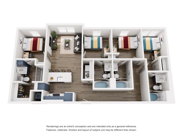 Modern 3D floor plan featuring 4 bedrooms, a stylish open-concept living area, and a sleek kitchen with a breakfast bar.