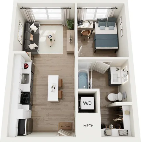 Modern 3D floor plan showcasing a cozy one-bedroom apartment with a stylish open-concept living room and kitchen, elegant bathroom, and efficient laundry space.