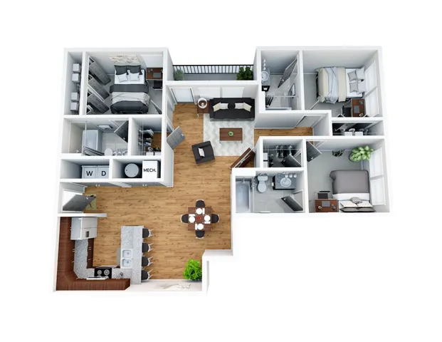 Modern 3D floor plan showcasing 3 bedrooms, elegant open-concept living and dining areas, and a stylish kitchen with breakfast bar.