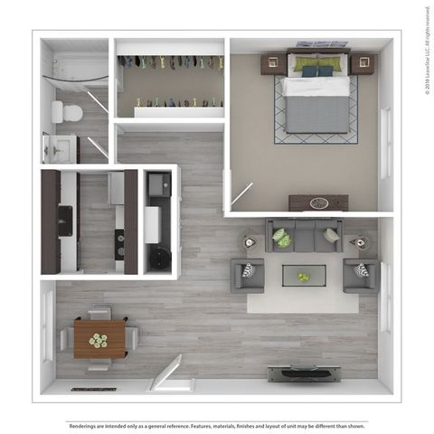 Elegant floor plan featuring a spacious bedroom, stylish open-concept living and dining area, modern kitchen, and a sleek bathroom. Ideal for contemporary living.