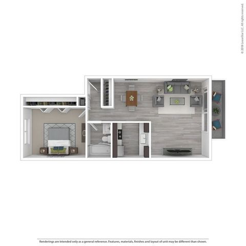 Modern 1-bedroom apartment floor plan featuring an open living area, a sleek kitchen, and a cozy balcony space.