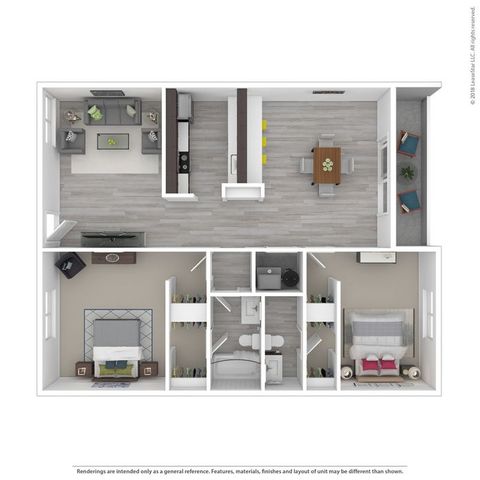 Chic and modern 2D floor plan showcasing two bedrooms, a cozy living area, a stylish kitchen, and a dining space with natural lighting.