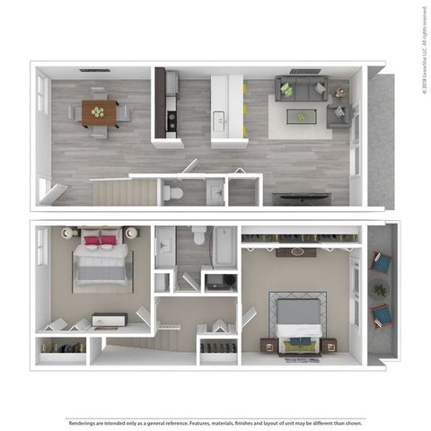 Modern floor plan displaying a two-story layout with a cozy bedroom, spacious living area, open kitchen, and stylish dining room.
