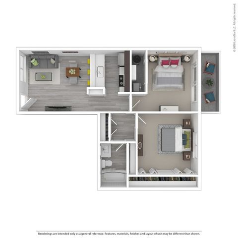 Modern 2D floor plan showcasing 2 bedrooms, open living and dining area, and a sleek kitchen, designed for comfort and style.